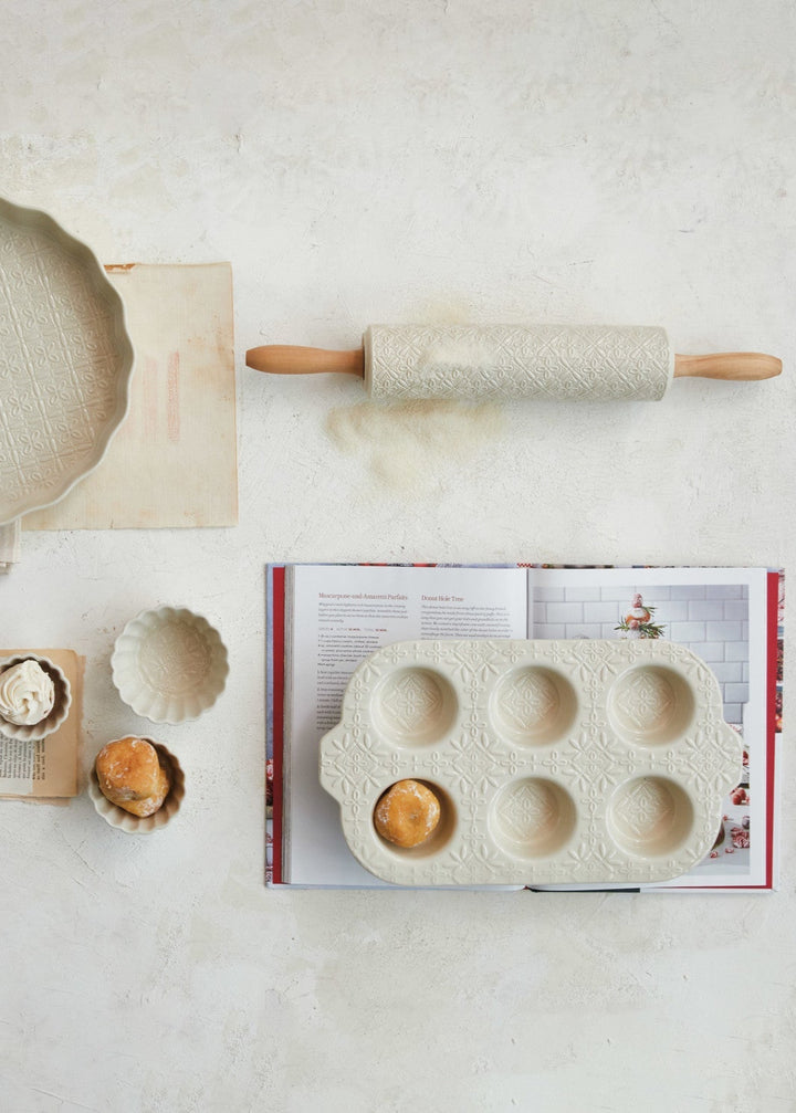 Embossed Stoneware Muffin Pan - Clementine Home Floral Gift