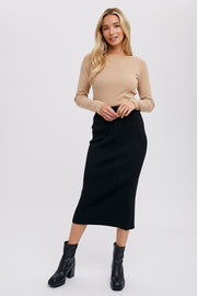 Ribbed Knit Midi Skirt - Black