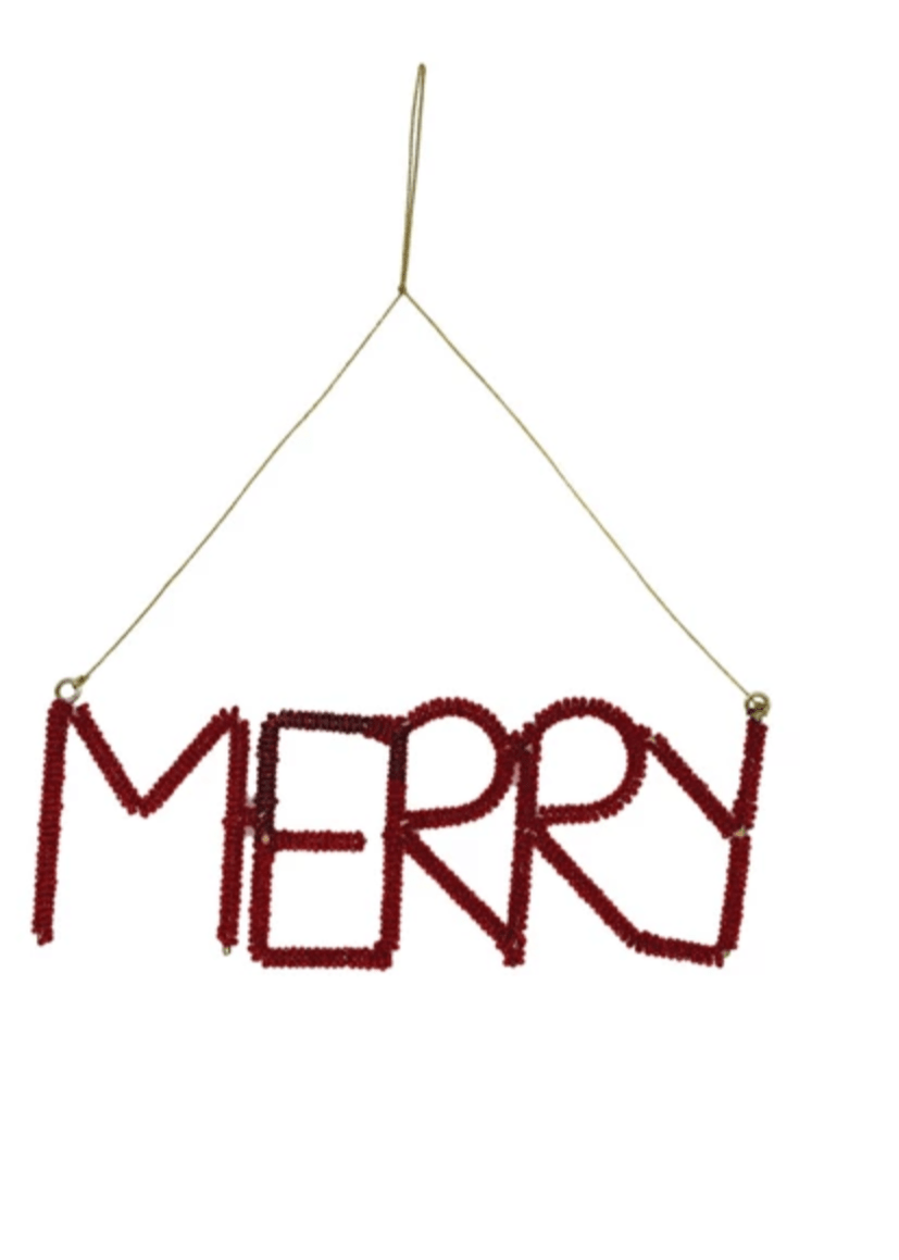 Glass Beaded Holiday Word Ornament – “Merry” - Clementine Home Floral Gift
