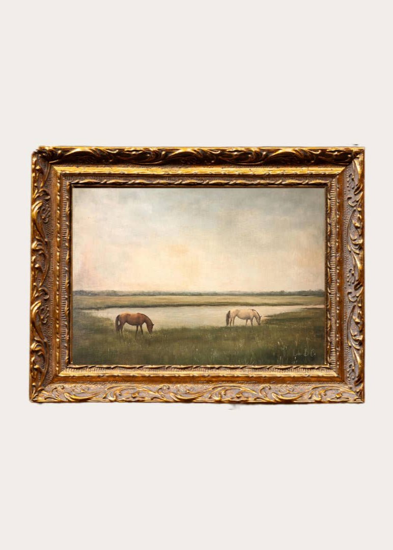 Grazing Horses | French Brass Gold Mould Framed Art – 8” x 10” - Clementine Home Floral Gift