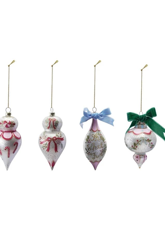 Hand - Painted Glass Ornament with Velvet Bow – Antique Finish - Clementine Home Floral Gift