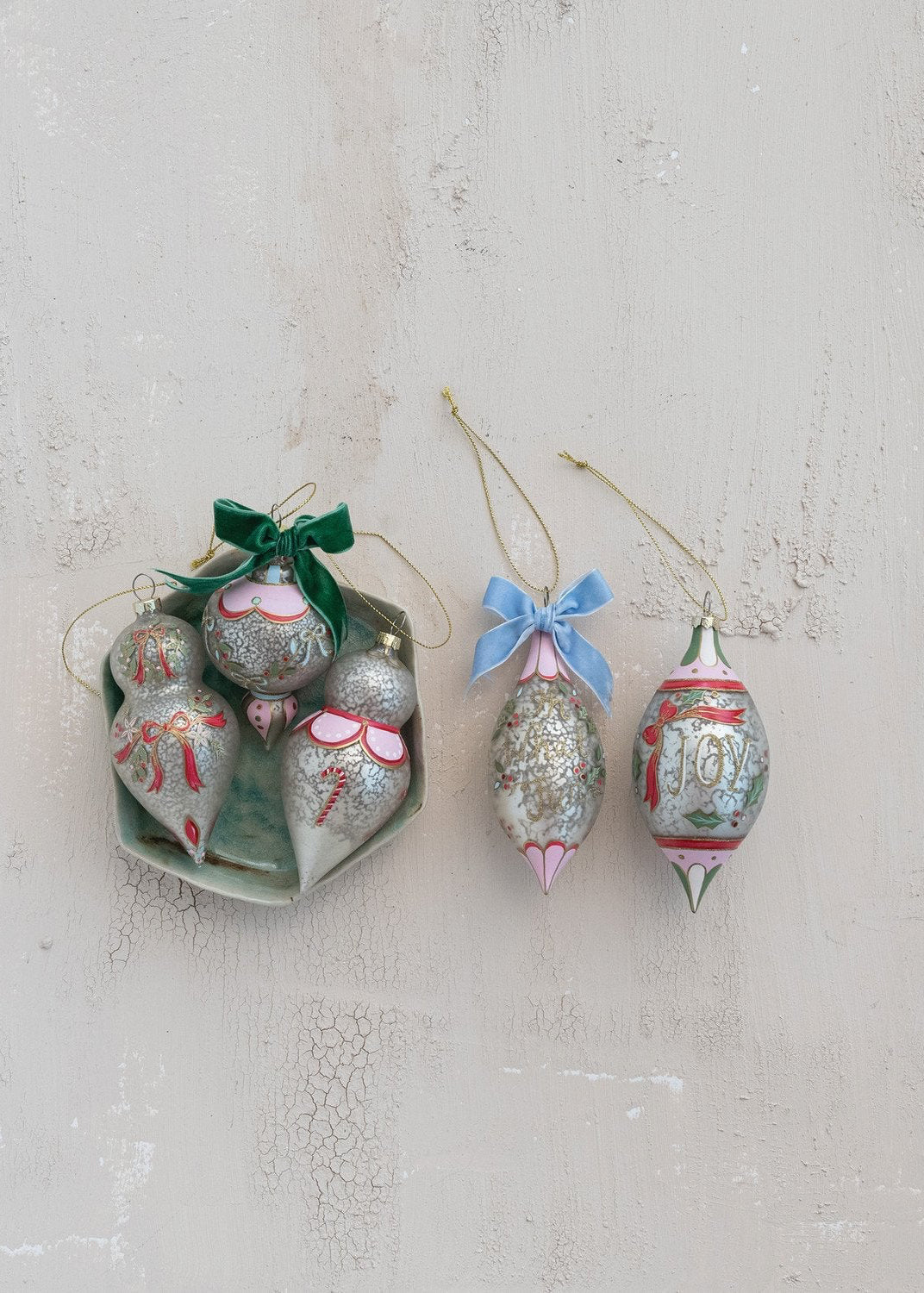 Hand - Painted Glass Ornament with Velvet Bow – Antique Finish - Clementine Home Floral Gift