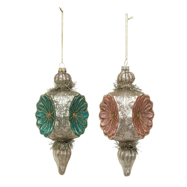 Mercury Glass Finial Ornament with Flowers, Tinsel & Glitter - Clementine Home Floral Gift