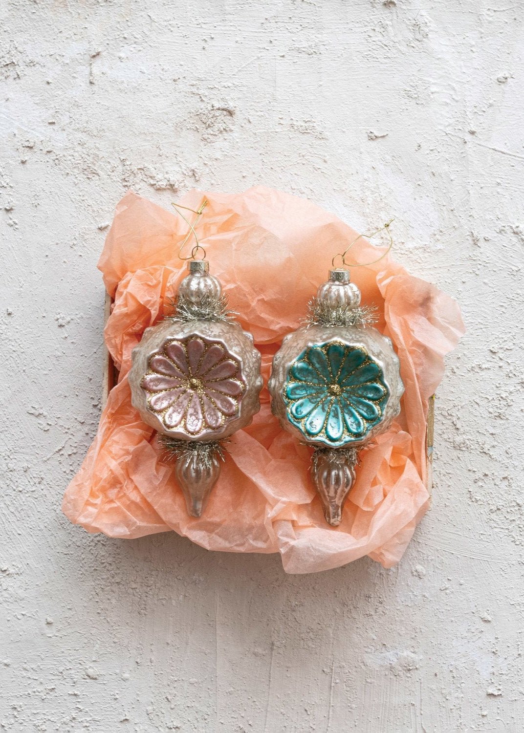 Mercury Glass Finial Ornament with Flowers, Tinsel & Glitter - Clementine Home Floral Gift