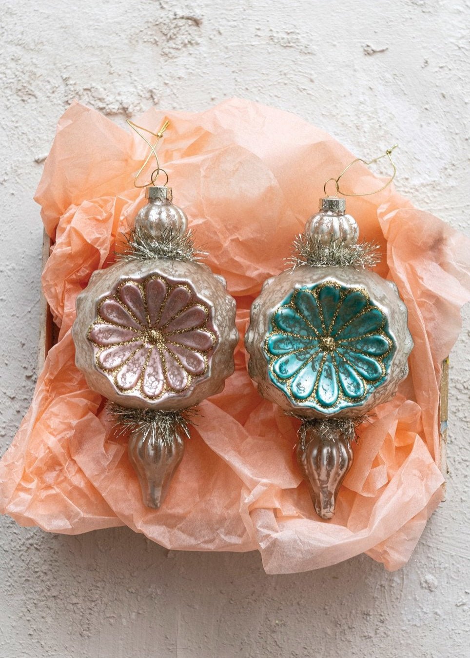 Mercury Glass Finial Ornament with Flowers, Tinsel & Glitter - Clementine Home Floral Gift