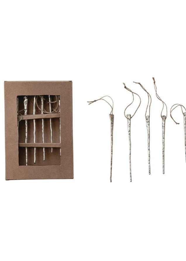 Mercury Glass Icicle Ornaments – Silver Finish, Set of 6 - Clementine Home Floral Gift