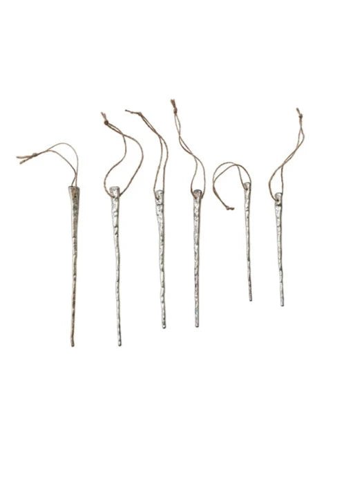 Mercury Glass Icicle Ornaments – Silver Finish, Set of 6 - Clementine Home Floral Gift