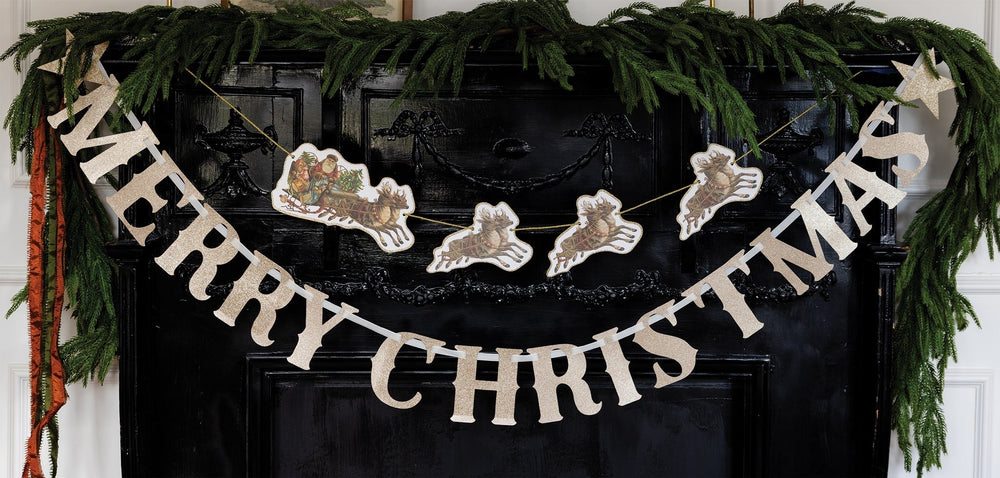 Merry Christmas Glitter Chipboard Banner - Clementine Home Floral Gift
