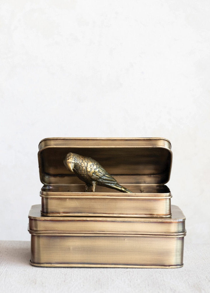 Metal Brass Boxes, Set of 2 - Clementine Home Floral Gift
