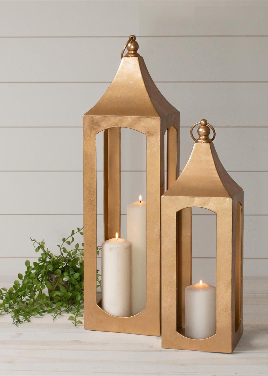 Metallic Gold Lanterns, Set of 2 (Winter '25 Add - On) - Clementine Home Floral Gift