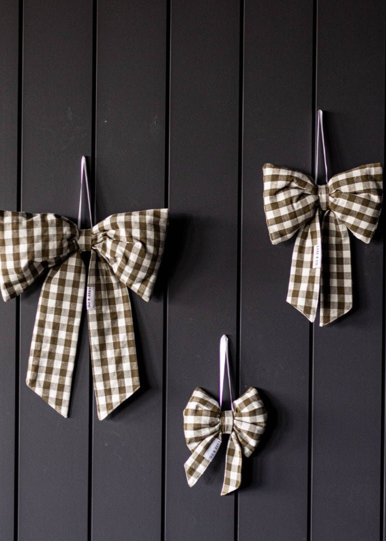 Olive Green Gingham Fabric Bow - Clementine Home Floral Gift