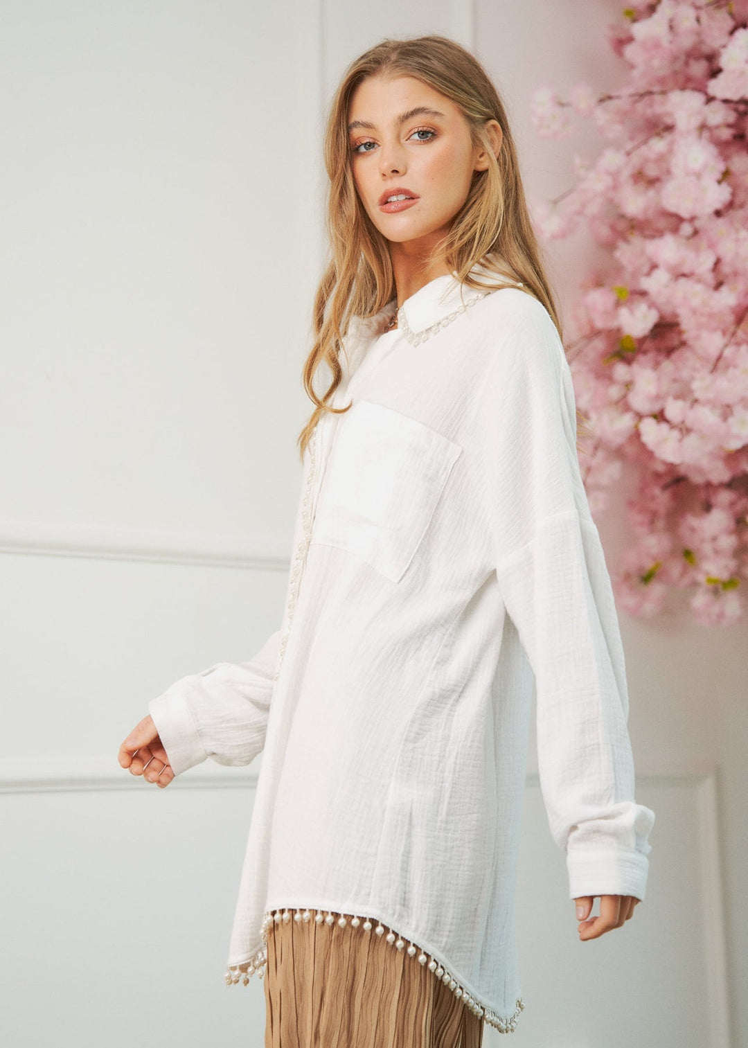 Pearl Crepe Button Down - Clementine Home Floral Gift