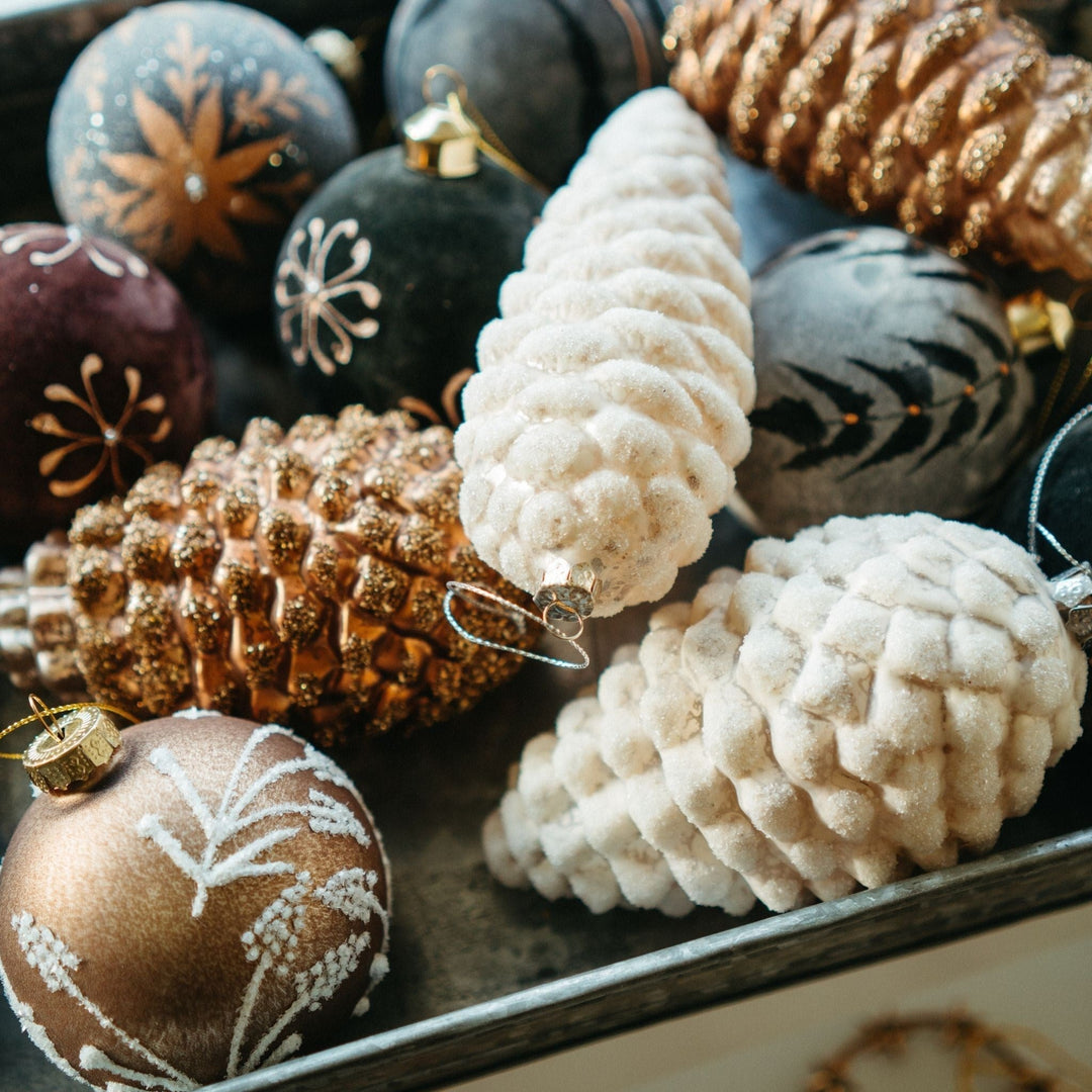 Pinecone Glass Ornament - White - Clementine Home Floral Gift