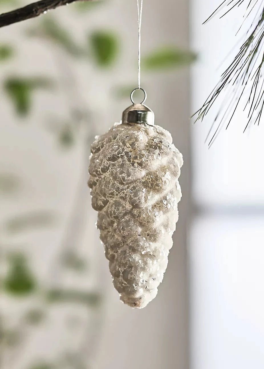 Pinecone Glass Ornament - White - Clementine Home Floral Gift