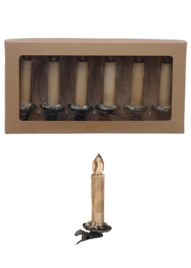 Plastic Candle Clip - On Ornaments with Tinsel & LED Light – Set of 6 - Clementine Home Floral Gift