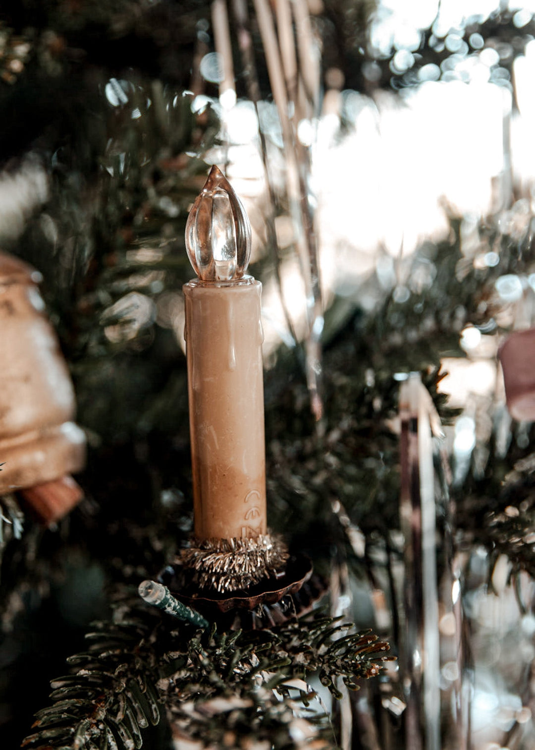 Plastic Candle Clip - On Ornaments with Tinsel & LED Light – Set of 6 - Clementine Home Floral Gift