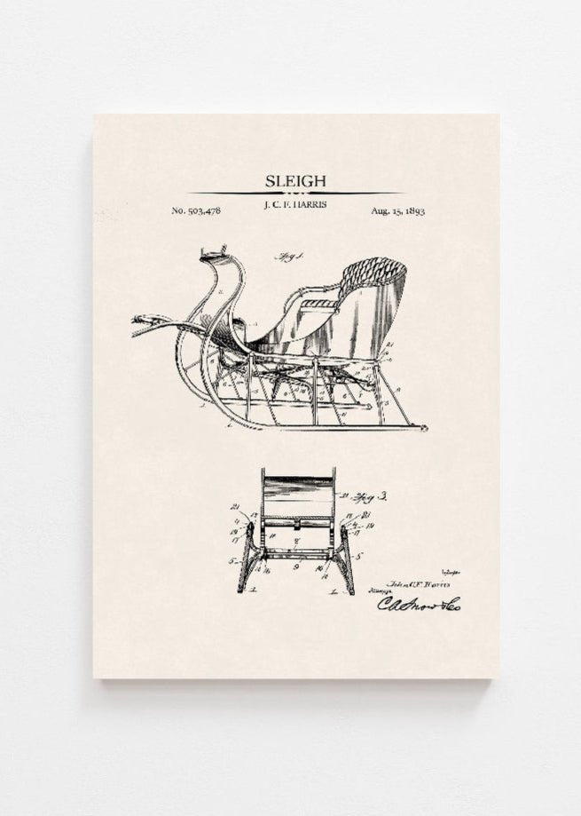 Sleigh Patent Vintage Art Print - Clementine Home Floral Gift