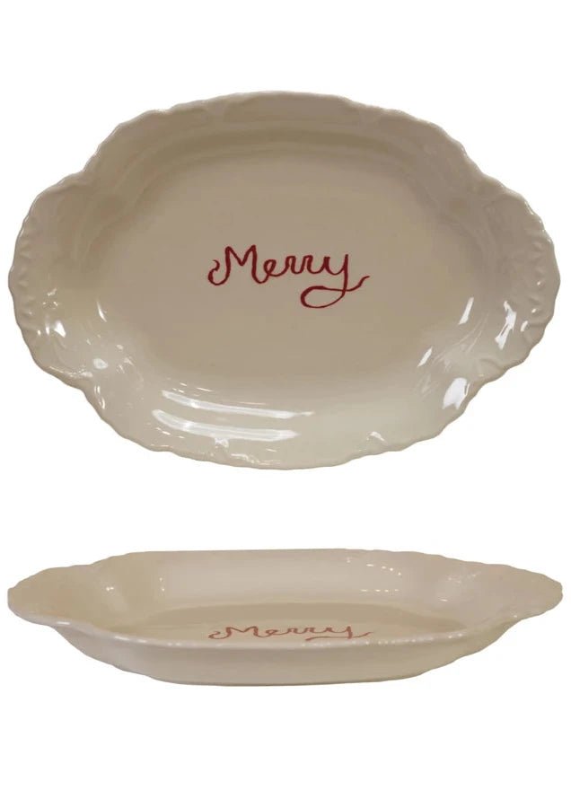 Stoneware Scalloped Platter with Embossed Edge “Merry” - Clementine Home Floral Gift