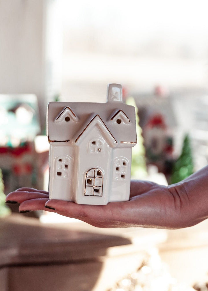 Stoneware Village with LED Lights & Gold Electroplating – Set of 4 - Clementine Home Floral Gift