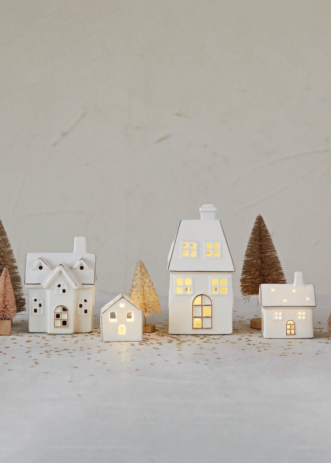 Stoneware Village with LED Lights & Gold Electroplating – Set of 4 - Clementine Home Floral Gift