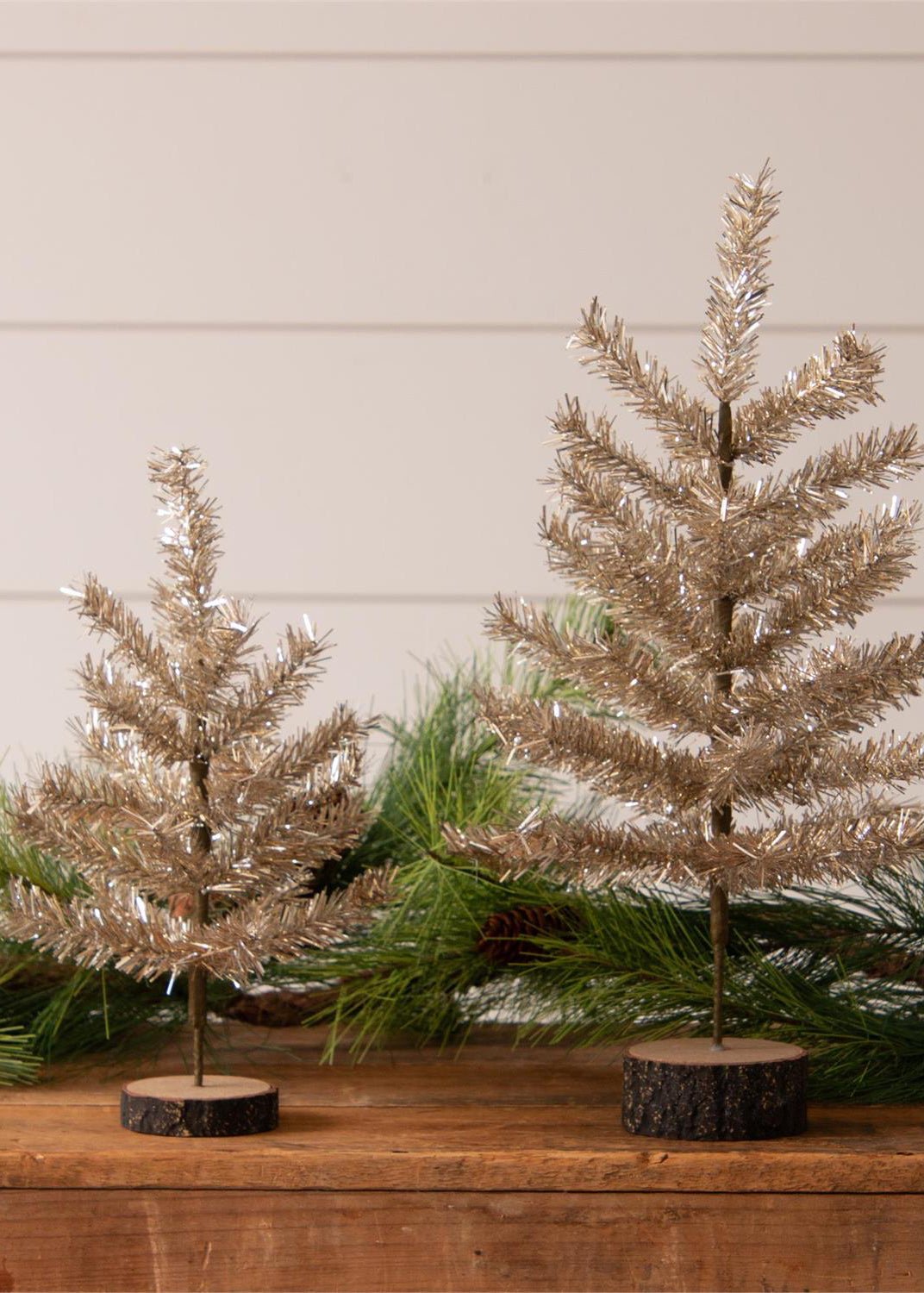 Tabletop Champagne Tinsel Christmas Trees, Set of 2 - Clementine Home Floral Gift