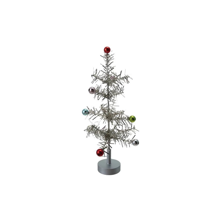 Tinsel Tree with Multi - Color Ball Ornaments – Silver Finish, Set of 2 - Clementine Home Floral Gift