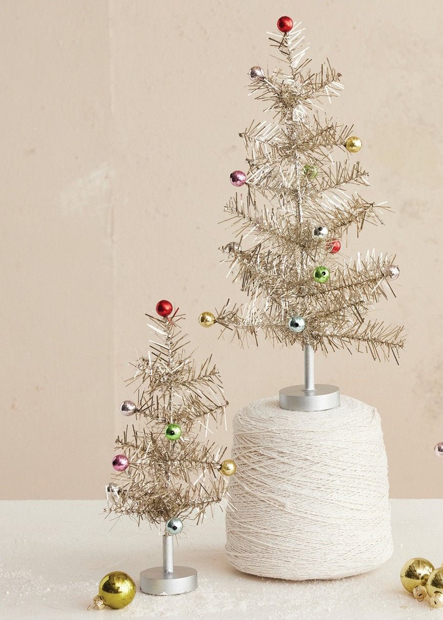 Tinsel Tree with Multi - Color Ball Ornaments – Silver Finish, Set of 2 - Clementine Home Floral Gift