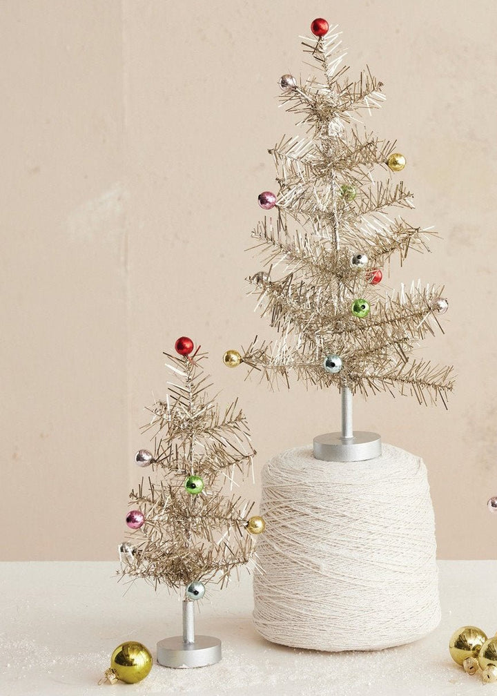 Tinsel Tree with Multi - Color Ball Ornaments – Silver Finish, Set of 2 - Clementine Home Floral Gift