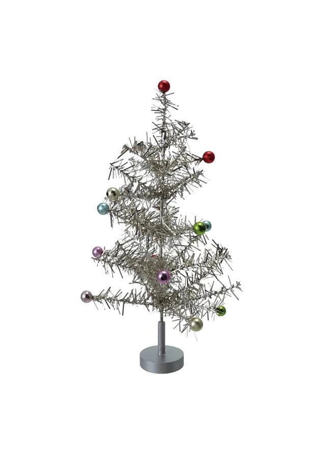 Tinsel Tree with Multi - Color Ball Ornaments – Silver Finish, Set of 2 - Clementine Home Floral Gift