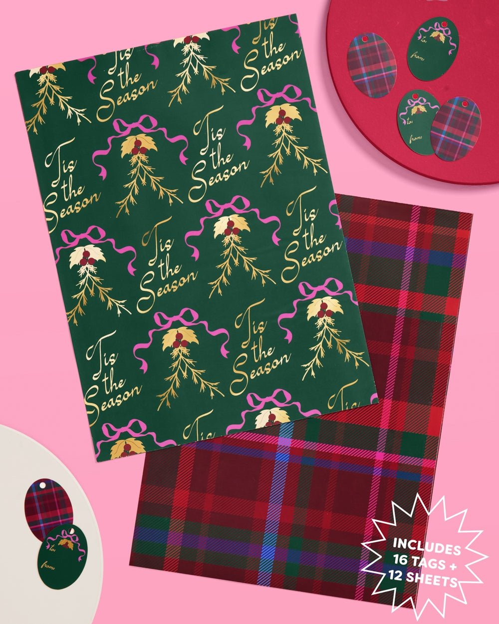 ’Tis the Season Wrapping Paper Set – 12 Sheets + 16 Tags - Clementine Home Floral Gift