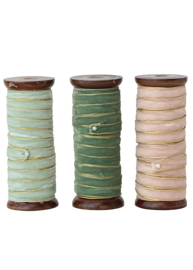 Velvet Ribbon with Metallic Edges on Wood Spool – 10 Yards - Clementine Home Floral Gift