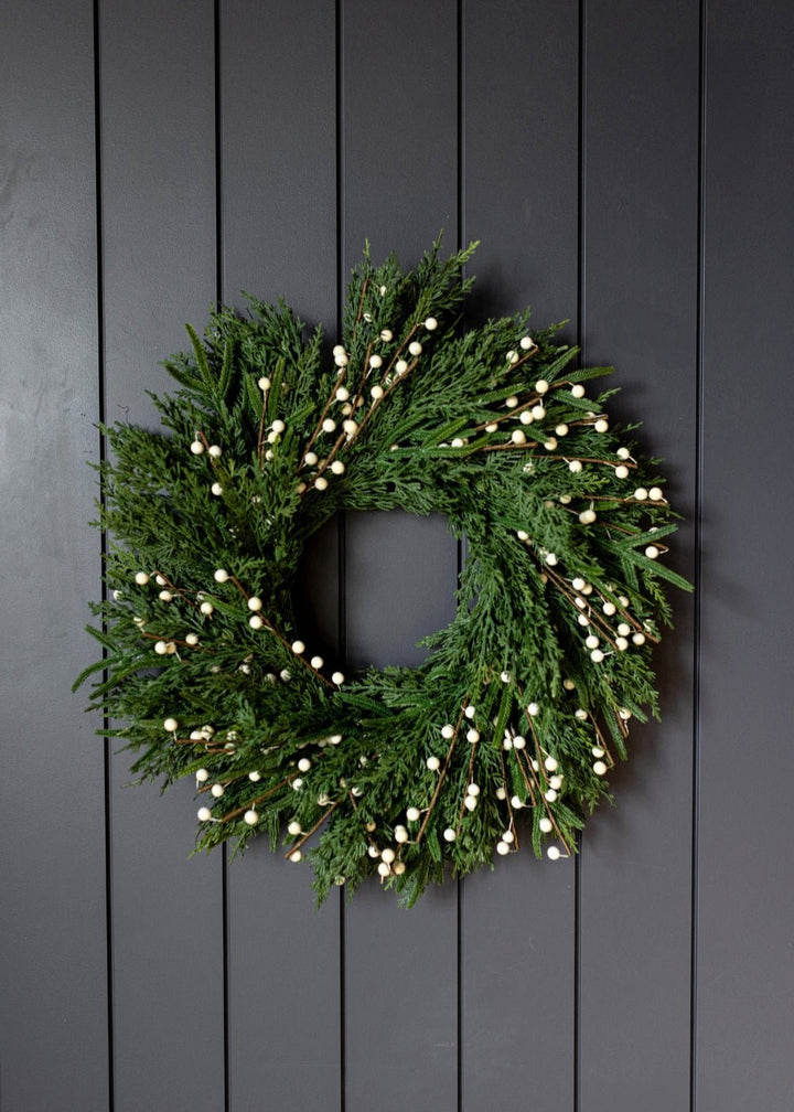 White Plum Berry Norfolk Cypress Real Touch Wreath - Clementine Home Floral Gift