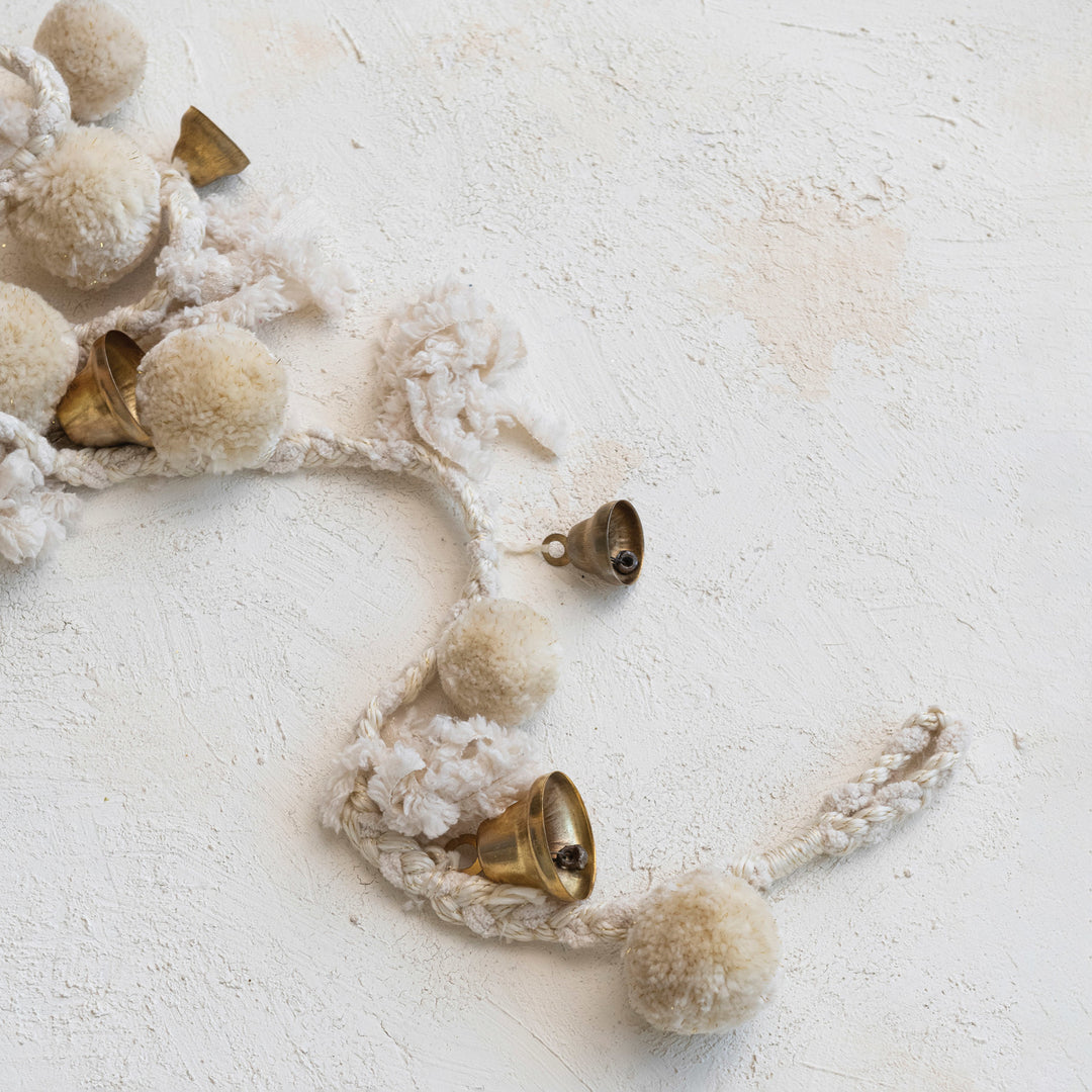 Handmade Wool & Cotton Blend Pom Pom & Bell Garland