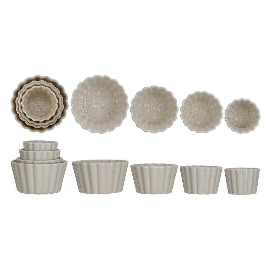 Embossed Stoneware Fluted Bowls, Set of 4