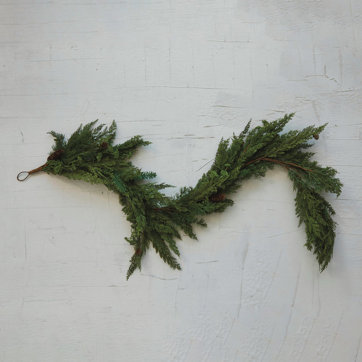 Faux Spruce & Pine Garland with Natural Pinecones