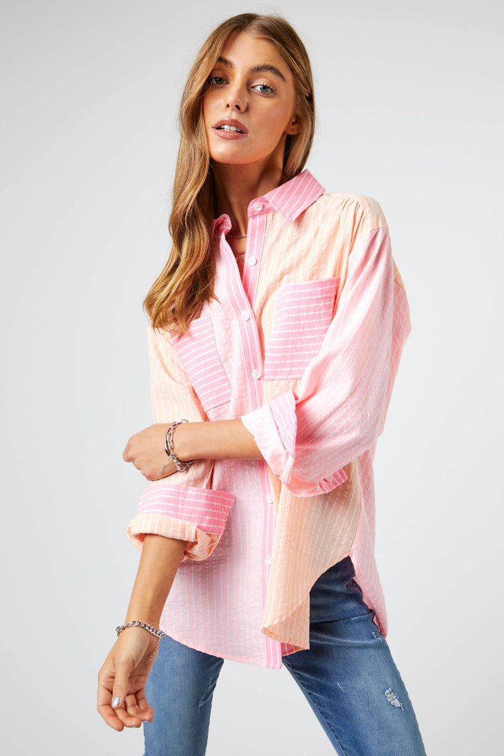 Striped Color Block Shirt Top - Pink
