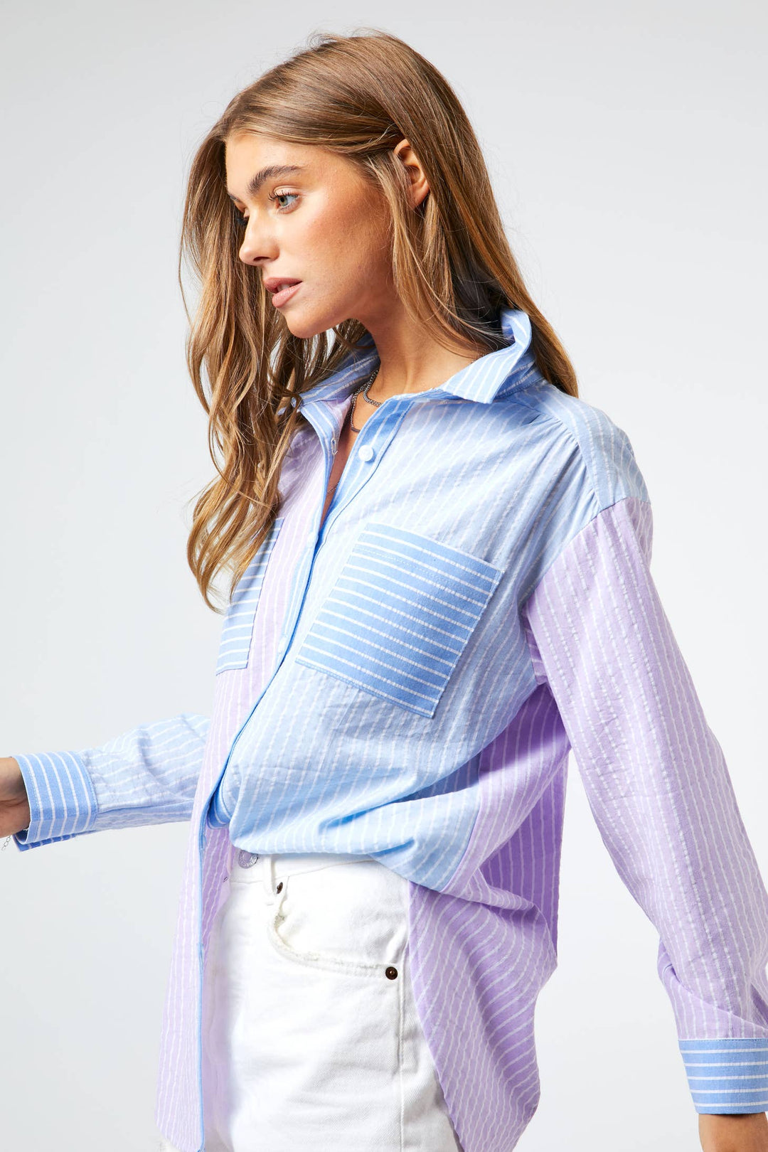 Striped Color Block Shirt Top - Blue