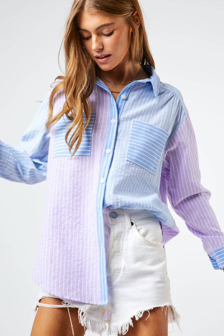 Striped Color Block Shirt Top - Blue