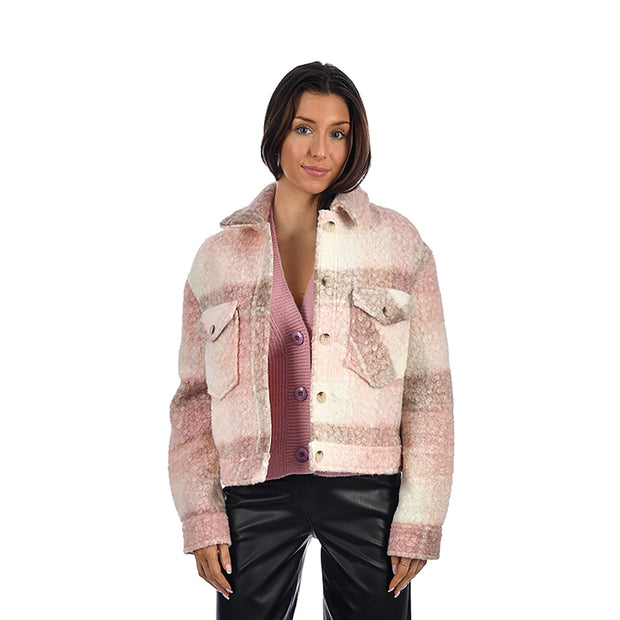 Zoe Boucle Pattern Short Jacket - Pink Plaid