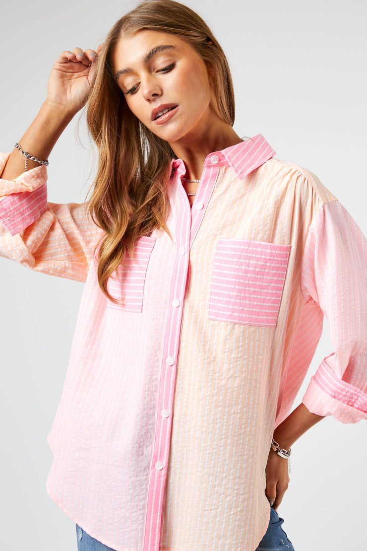 Add-On : Striped Color Block Shirt Top - Pink