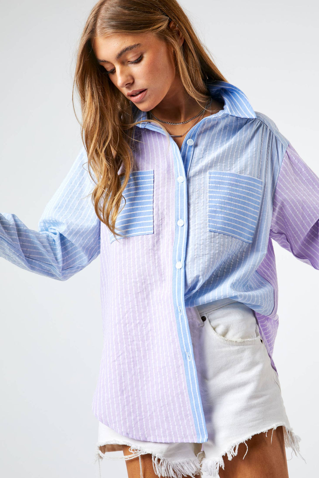 Striped Color Block Shirt Top - Blue