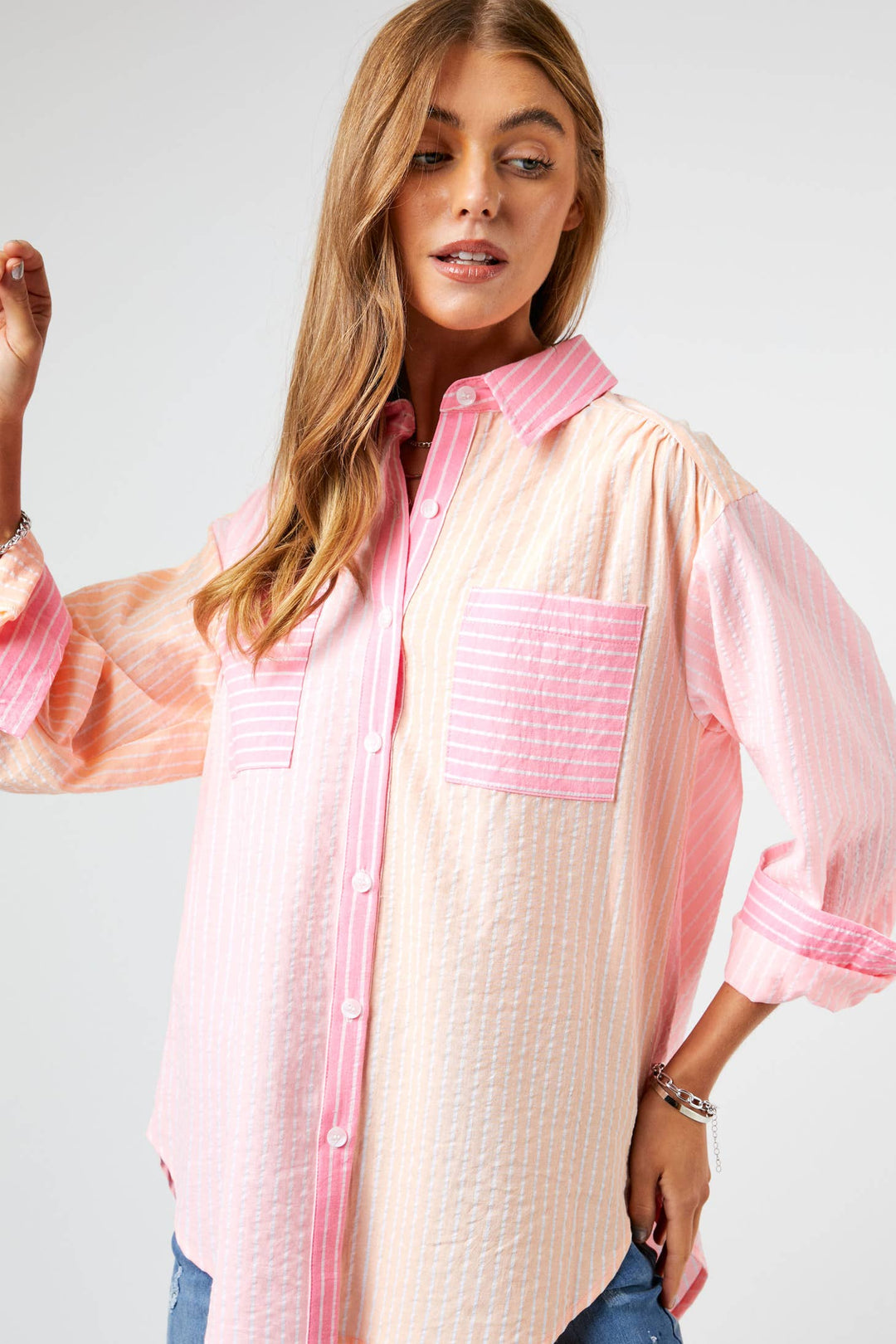 Striped Color Block Shirt Top - Pink