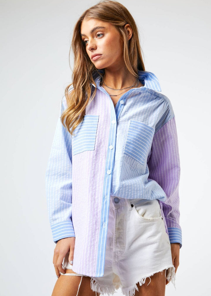 Striped Color Block Shirt Top - Blue - Clementine Home Floral Gift