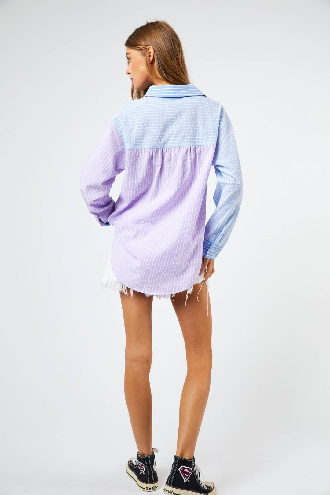 Striped Color Block Shirt Top - Blue - Clementine Home Floral Gift