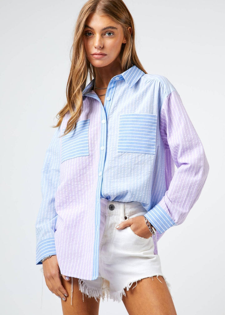 Striped Color Block Shirt Top - Blue - Clementine Home Floral Gift