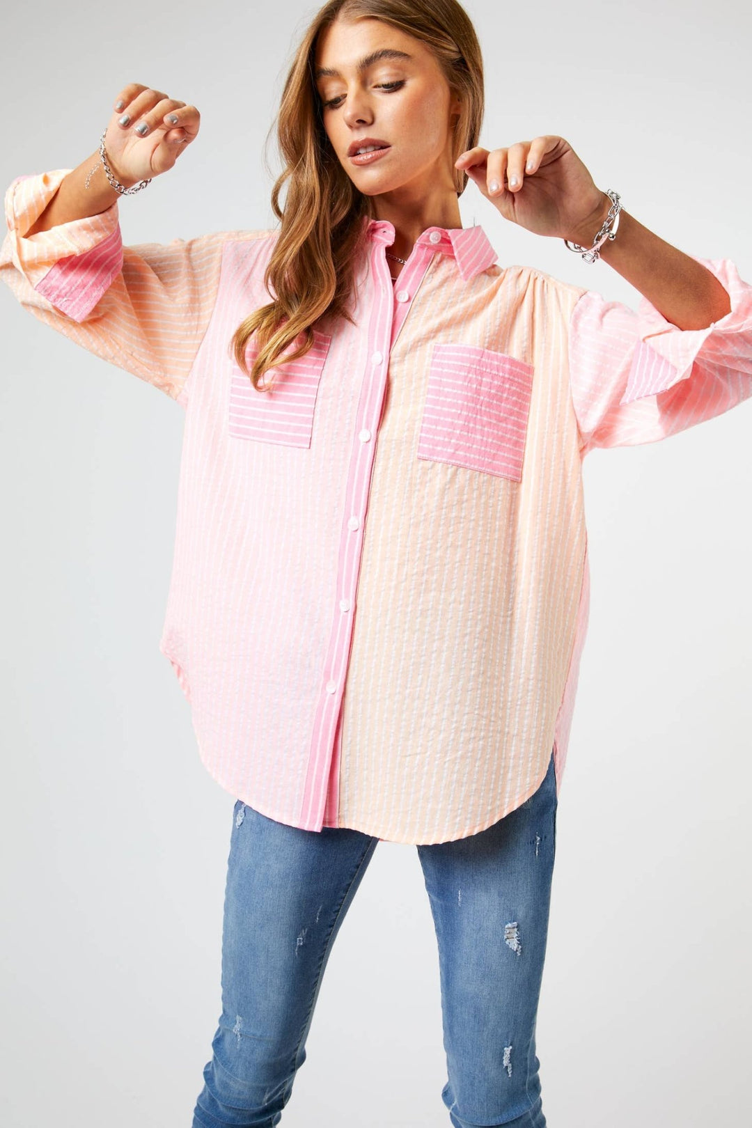 Striped Color Block Shirt Top - Pink - Clementine Home Floral Gift