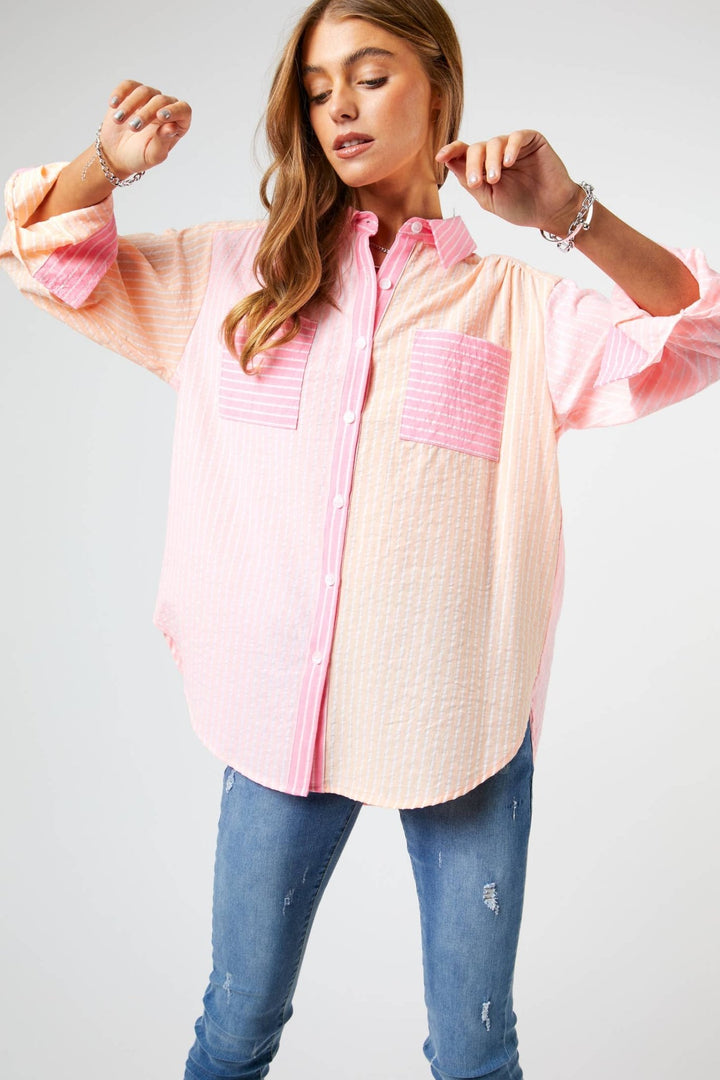 Striped Color Block Shirt Top - Pink - Clementine Home Floral Gift