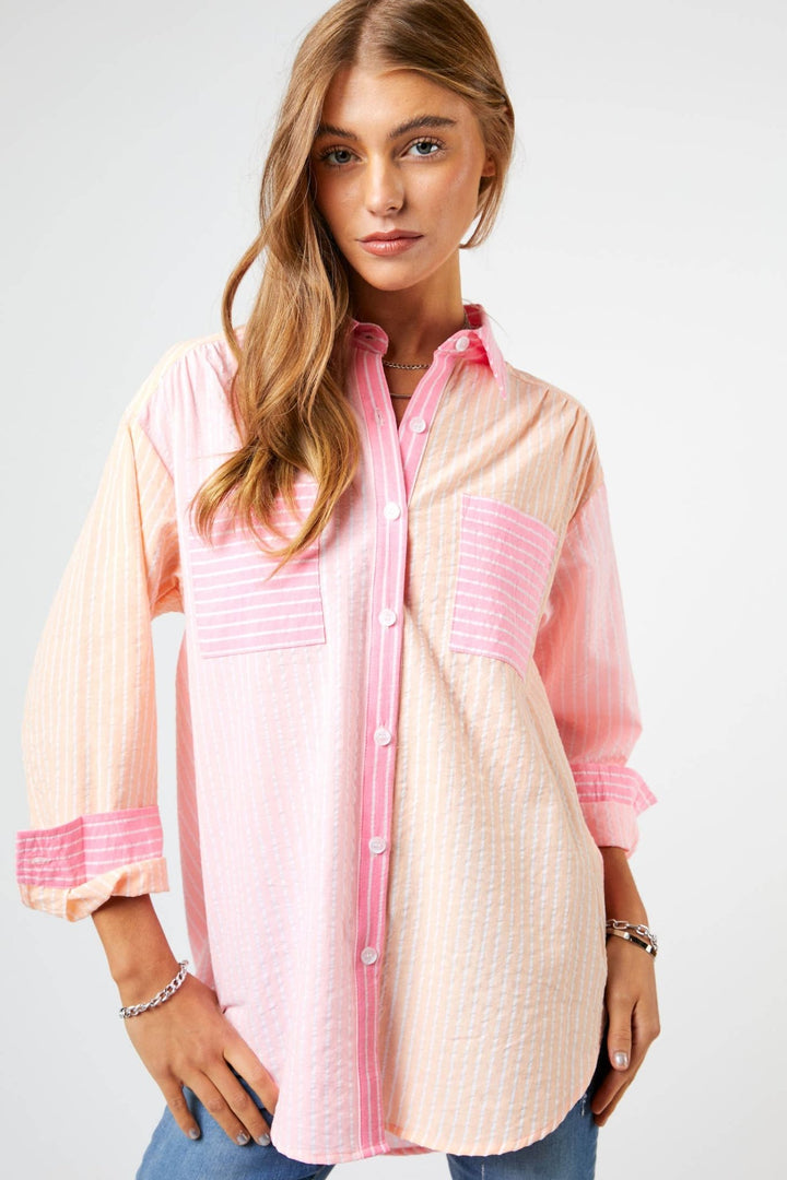 Striped Color Block Shirt Top - Pink - Clementine Home Floral Gift