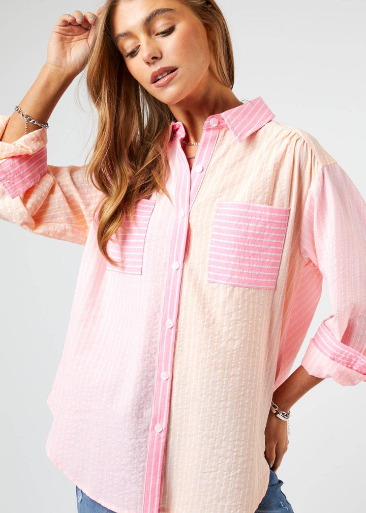 Striped Color Block Shirt Top - Pink - Clementine Home Floral Gift
