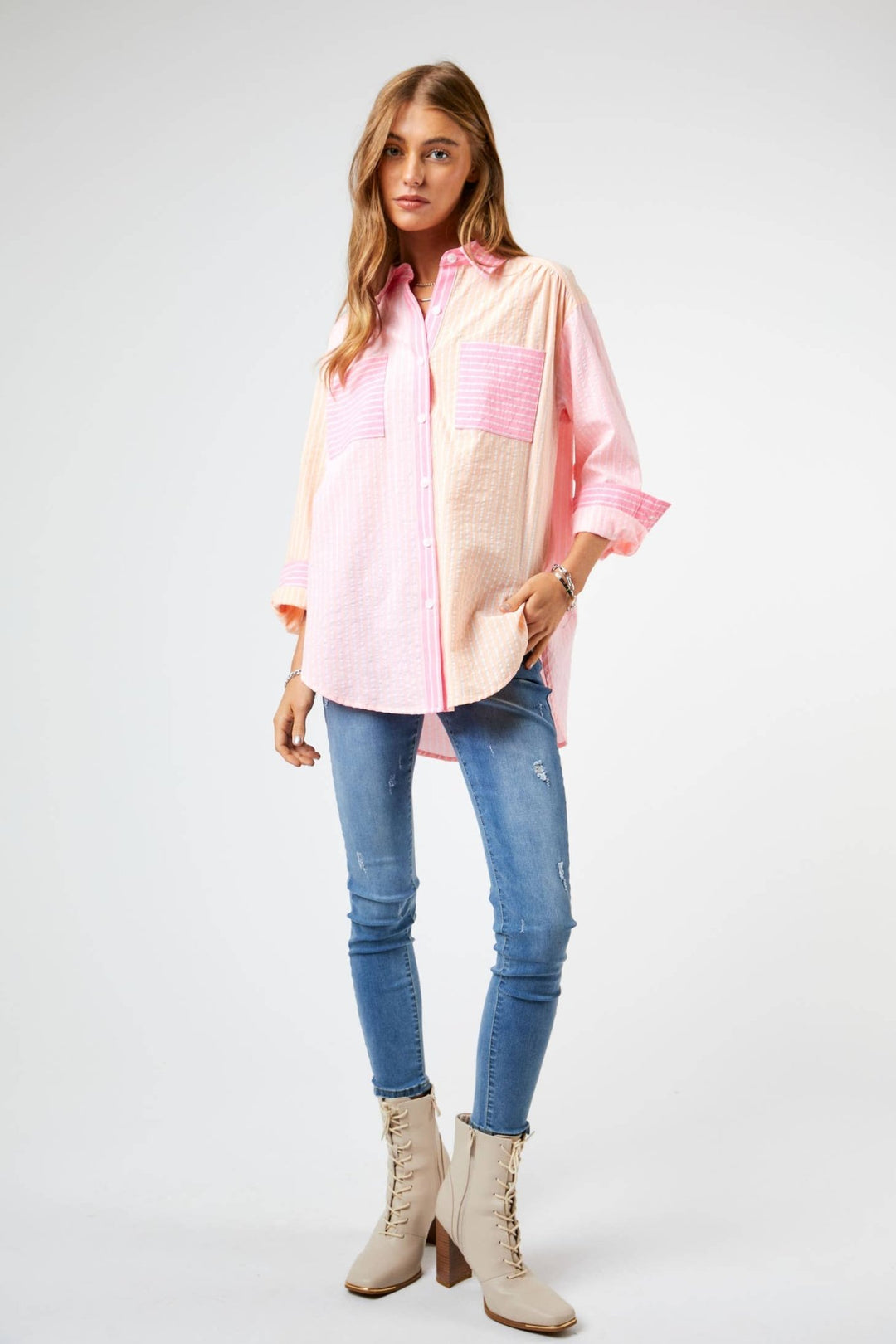 Striped Color Block Shirt Top - Pink - Clementine Home Floral Gift